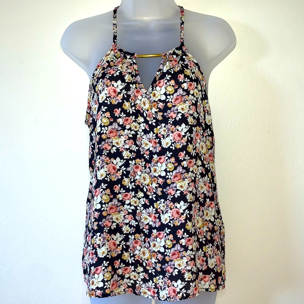 Black Floral Chiffon Halter Top w/ and Keyhole Back by Chocolate - Sz. S
